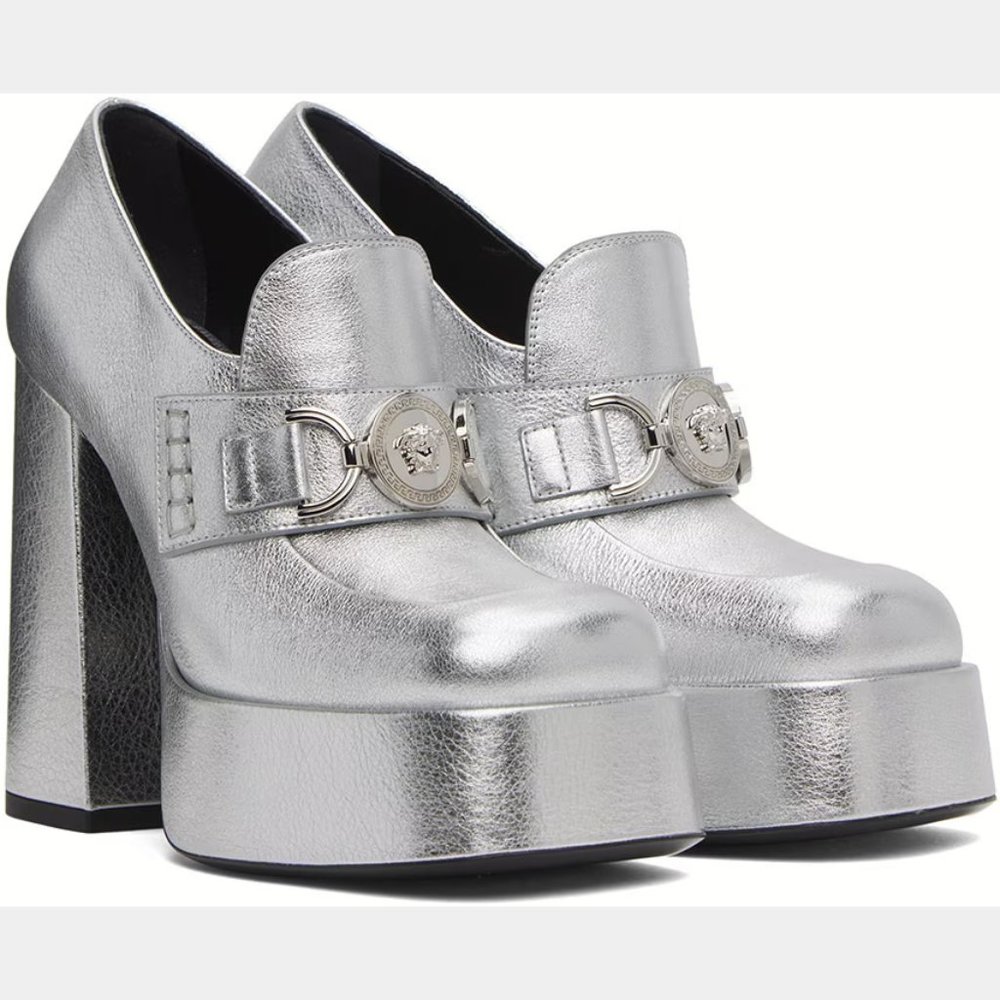 NEW VERSACE Size 38 IT, Women's Metallic Medusa Chain Platform Loafers - Silver